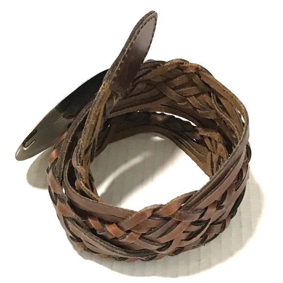 Vintage Genuine Leather Woven Belt Floral Engraved 4” Medallion Buckle Belt M/L - Picture 6 of 10